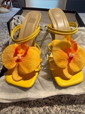 Yellow Floral Slide Heeled Sandals NEW